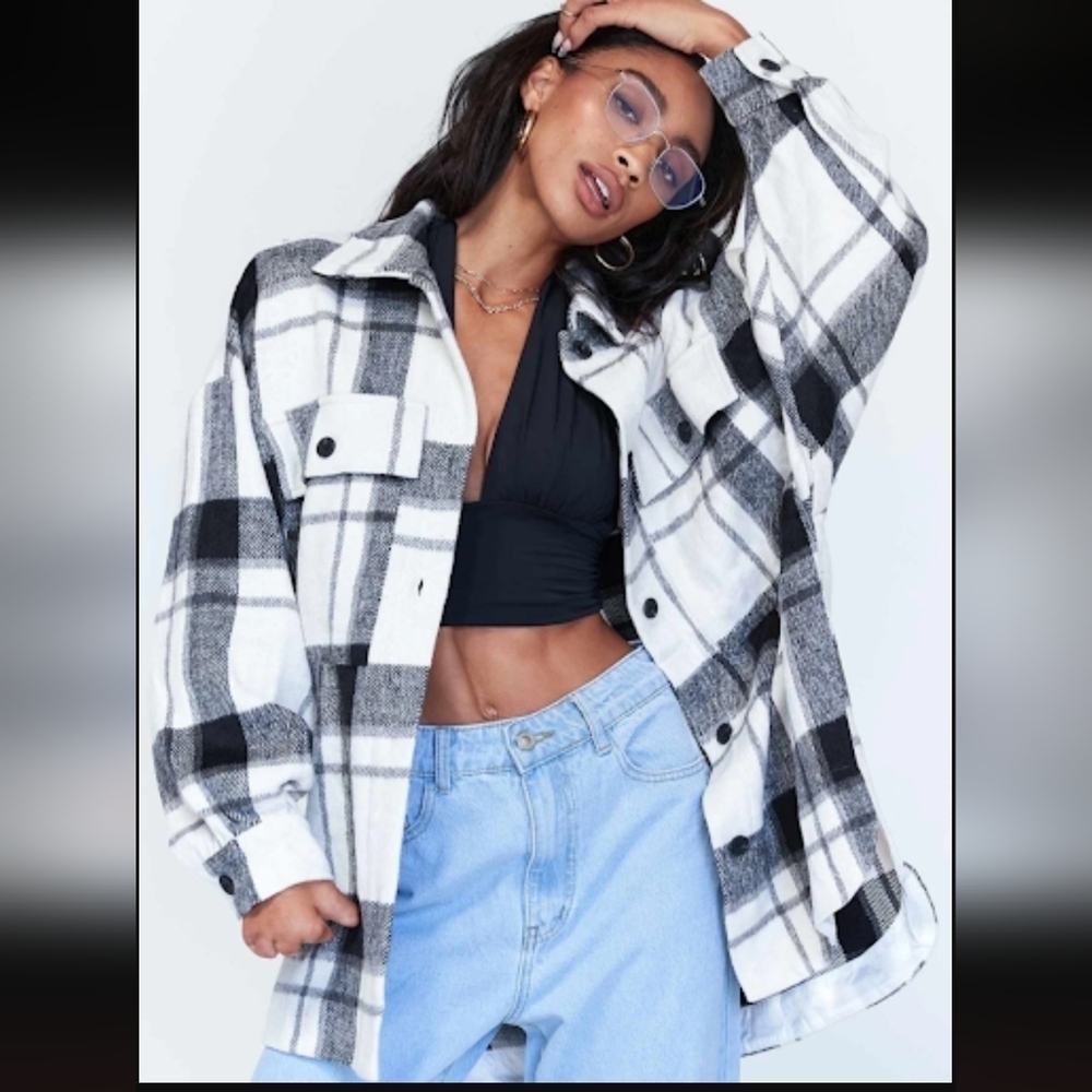 Princess Polly Monochrome Plaid Shirt Knit Jacket Flat Pockets Overcoat Sz L/XL
